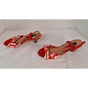 Theme Women's Sandals 9M Slingback Stacked Heel Fabric Upper Open Toe Red White